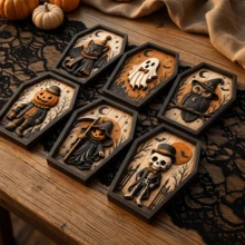 1/6pcs Vintage Coffin Shape Wooden Halloween Table Decor Black Cat Ghost Owl Skeleton Pumpkin Man Relief Plaque Farmhouse Wall Desktop Ornament For Halloween Party Home Shelf Decor Gift - Multicolor - View 4