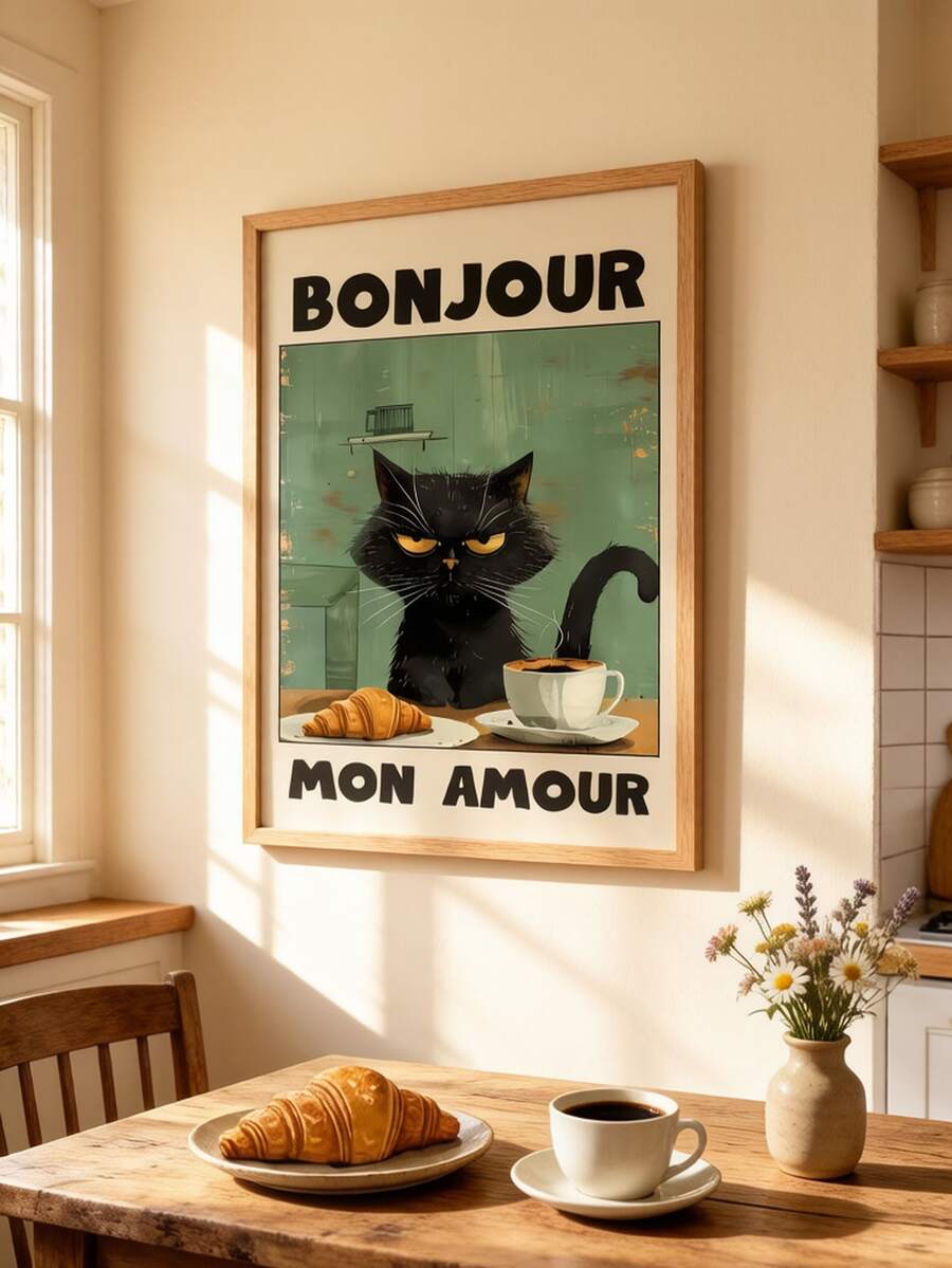 1幅黑猫海报,“Bonjour Mon Amour”绿色文字黑猫早餐艺术画,现代帆布艺术,适合厨房、客厅或家庭办公室装饰,无框,室内装饰 | 艺术墙贴 | 时尚家居装饰,猫咪装饰 - 彩色 - 查看 1