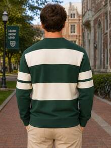 Men's Collegiate Style Rugby Striped Crew Neck Sweatshirt, Campus League Badge Print Colorblock Long Sleeve Casual Pullover - Multicolor - View 3