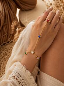 Gold Tone Stainless Steel Multicolor Flower Hand Chain Bracelet For Women, Finger Ring Bracelet, Holiday Party Jewelry Gift For Her - Gold - View 1