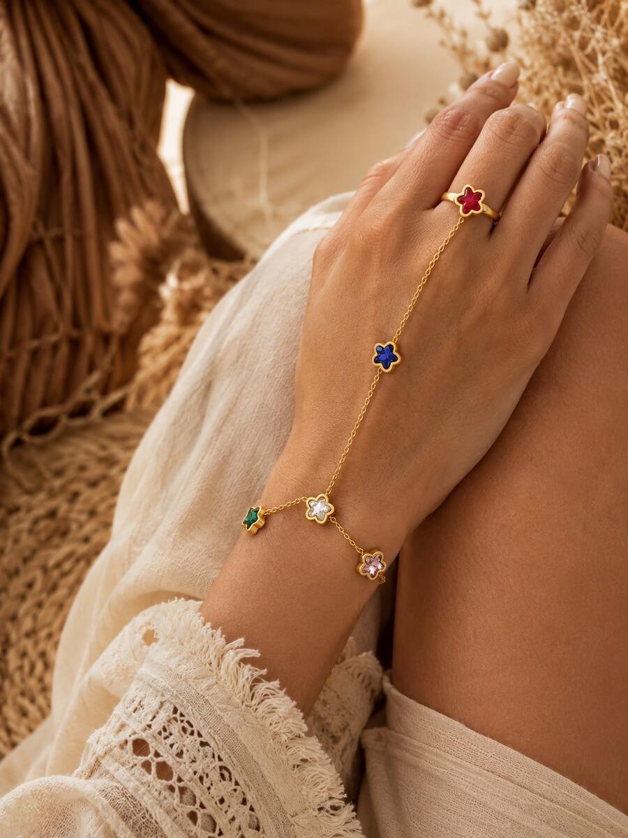 Gold Tone Stainless Steel Multicolor Flower Hand Chain Bracelet For Women, Finger Ring Bracelet, Holiday Party Jewelry Gift For Her - Gold - View 1