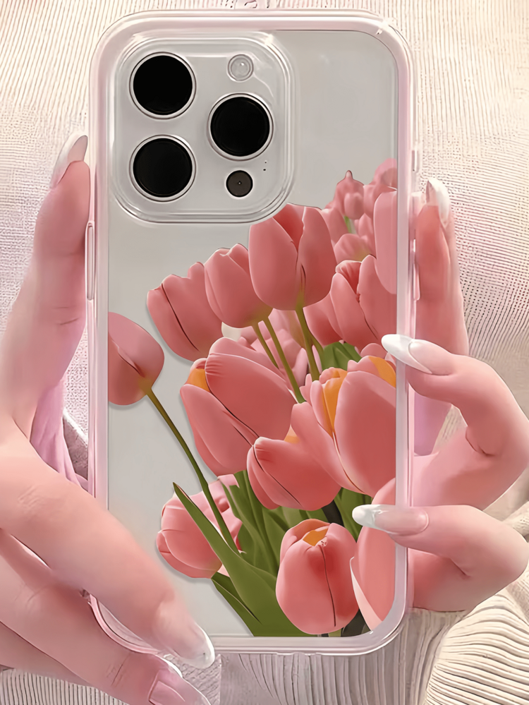 1件裝 粉色鬱金香花簇極簡個性化 TPU 防震全包覆手機殼，適用於 Apple 17 16 15 14 13 12 11 Pro Max Air 及系列 - 彩色 - 查看 2