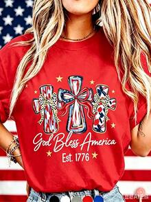 USA 250th Anniversary Celebration Graphic Round-Neck T-Shirt, "God Bless America" T-Shirt, Casual T-Shirt, Unisex July 4th Independence Day T-Shirt - 紅色 - 查看 1