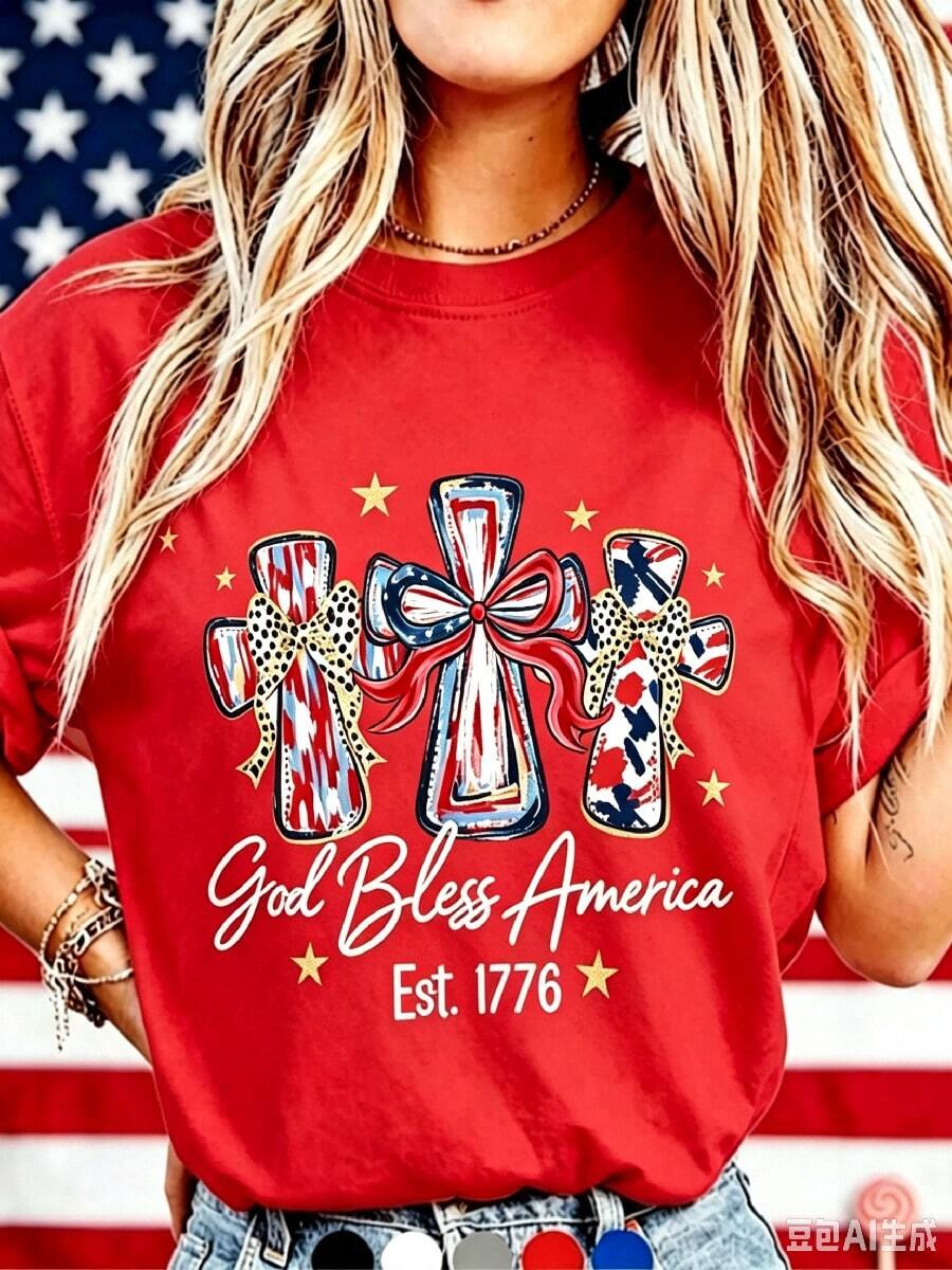 USA 250th Anniversary Celebration Graphic Round-Neck T-Shirt, "God Bless America" T-Shirt, Casual T-Shirt, Unisex July 4th Independence Day T-Shirt - 紅色 - 查看 1
