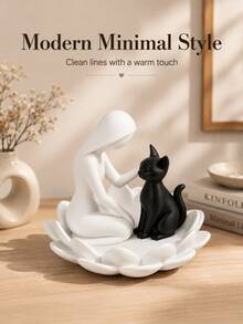Human And Cat Statue, Modern Black And White 3D Printed Desktop Sculpture, Creative Cat Lover Decor, With Floral Base, Artistic Office Desk Ornament, Suitable For Living Room, Bedroom, Office, Bookshelf, Birthday, Anniversary And Housewarming Gift - Multicolor - View 5