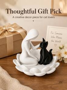 Human And Cat Statue, Modern Black And White 3D Printed Desktop Sculpture, Creative Cat Lover Decor, With Floral Base, Artistic Office Desk Ornament, Suitable For Living Room, Bedroom, Office, Bookshelf, Birthday, Anniversary And Housewarming Gift - Multicolor - View 3