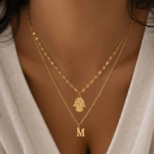 2Pcs/Set New Initial Hamsa Hand Pendents Gold Color Stainless Steel Lip Chain Chorker Layered Chain Necklaces For Women - Golden Stainless Steel - View 1