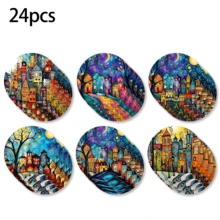 6pcs, Small Town Pattern Printed Diatomaceous Earth Coasters, Absorbent Drink Coasters, Coffee Cup Coasters, Mug Coasters, Tea Cup Coasters, Desktop Protection Pads, Suitable For Dining Table, Coffee Table, Bar Counter And Office Desk Decoration - Multicolor - View 12