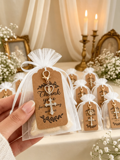 10/5/1sets-Cross Keychain Party Favors, Includes Keychain, Organza Bag And Kraft Paper Thank You Tag, Cross Keychain, Suitable For Baby Shower, Communion, Wedding And Religious Events Souvenirs