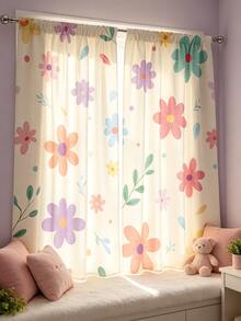 2pcs Pink Floral Curtains, Rod Pocket Design For Privacy Protection, Suitable For Bedroom, Living Room, Dining Room, Balcony, Tea Room, Basement And Other Home Decor. Birthday Gift, Suitable For All Seasons - Multicolor - View 2