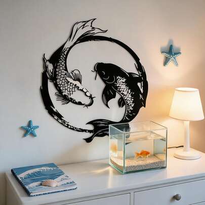 1pc Vintage Metal Koi Fish Wall Art Sculpture - Elegant Koi Fish Mural, Suitable For Garden And Outdoor Decoration, Iron Art Koi Fish Pond Sculpture, Perfect Gift For Koi Fish Lovers