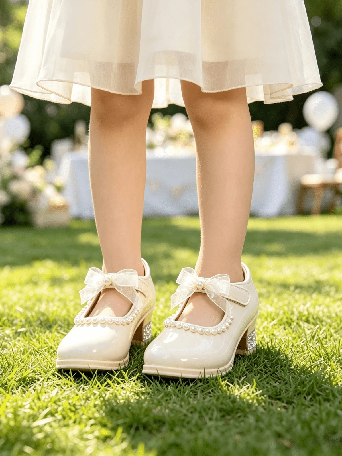 Big Girls' Cream White Patent Leather Mary Jane Shoes, Low Heel, Pearl Bow & Rhinestone Decor, Suitable For Wedding, Party, Pageant, Formal Dress Occasions - Beige - View 1