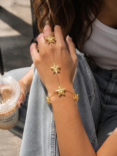 Star Hand Chain Bracelet For Women, Gold Tone Stainless Steel Ring Bracelet With Textured Charms, Jewelry For Party Night Out Party Festival