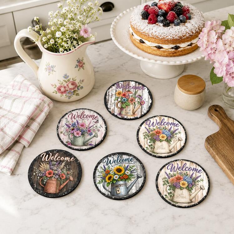 6pcs Floral Pattern Printed Diatomaceous Earth Coasters, Absorbent Beverage Coasters, Coffee Cup Coasters, Mug Coasters, Tea Cup Coasters, Desk Protection Pads, Suitable For Dining Table, Coffee Table, Tea Table, Bar Counter And Office Desk Decoration - Multicolor - View 4