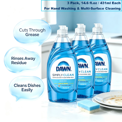 3 Pack Dawn Non-Concentrated Simply Clean Original Scent Dish Soap, 14.6 Fl.Oz (431ml) Liquid Dishwashing Soap