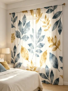 2PCS Botanical Leaf Print Sheer Curtains, Blue And Gold Leaves Pattern Window Panels, Lightweight Voile Curtains, Light Filtering Rod Pocket Drapes For Living Room Bedroom Home Decor - Multicolor - View 2