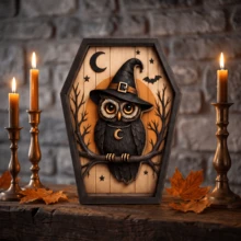 1/6pcs Vintage Coffin Shape Wooden Halloween Table Decor Black Cat Ghost Owl Skeleton Pumpkin Man Relief Plaque Farmhouse Wall Desktop Ornament For Halloween Party Home Shelf Decor Gift - Multicolor - View 7