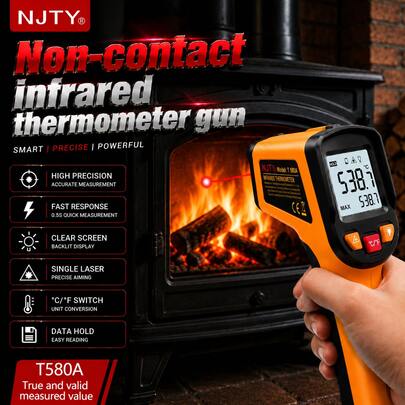 NJTY T580A infrasarkanā lāzera termometra pistole, 12:1 D:S attiecība, regulējama emisija, -50℃~580℃ plašs temperatūras diapazons, LCD displejs ar fona apgaismojumu, ℃/℉ pārslēdzams, bezkontakta termometrs, piemērots ēdiena gatavošanai, cepeškrāsnij, grilam, ledusskapim, automašīnas dzinējam, cepšanai, pārtikas uzglabāšanai, rūpniecisko iekārtu testēšanai