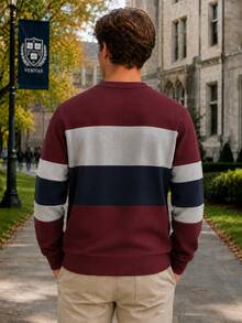 Men's Collegiate Style Rugby Color Block Striped Crew Neck Sweatshirt, HILLSIDE PREP Logo Graphic Long Sleeve Casual Pullover - Multicolor - View 3