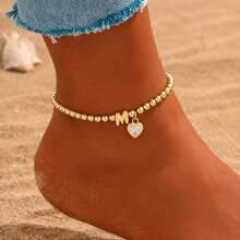 1pc Simple Fashion Bubble Initial Heart Pendant Golden Beaded Anklet For Women - Yellow Gold - View 1