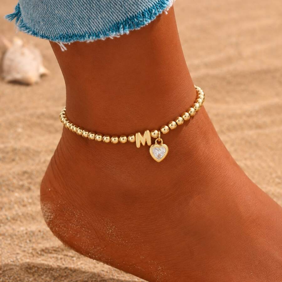 1pc Simple Fashion Bubble Initial Heart Pendant Golden Beaded Anklet For Women - Yellow Gold - View 1