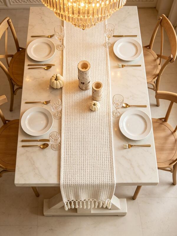 1 Piece Cream Waffle Weave Table Runner, Neutral Arabian Farmhouse Style Woven Rectangular Table Runner With Fringe Tassels, Elegant Dining Table Decoration Cloth For Middle Eastern Home, Ramadan Festival Daily Household Use
