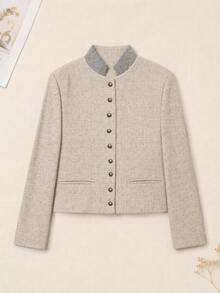 Jaket Wanita Kasual Kerah Tegak Lengan Panjang Kancing Tunggal, Musim Semi/Musim Gugur - Khaki - View 3