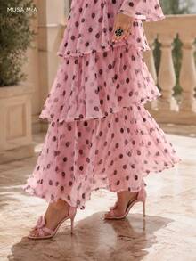 Pink Polka Dot Chiffon Maxi Dress, High Neck Bow Detail Long Sleeve Tiered Ruffle Dress For Women - 粉色 - 查看 9