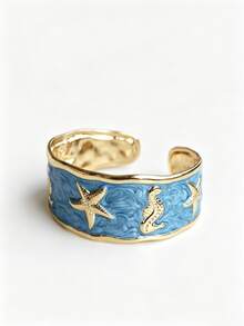 Blue Collection Stainless Steel Enamel Open Adjustable Size Bracelet, Starfish Shell Coral Design, Minimalist Fashion Summer Beach Jewelry, Romantic Personalized Accessory, Clothing Matching Cuff Decoration - Stainless Steel Bracelet Blue Series - View 22