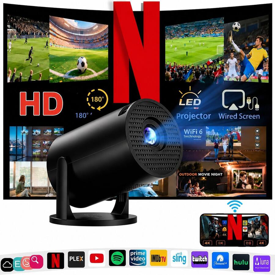 2026 New High-Definition Smart Projector, 50ANSI Home Video Projector, No Screen Required, Bedroom Wall Projection, 180° Rotating Mini Home Theater, With Remote Control, Suitable For Office, Outdoor, Camping, Bedroom, Living Room And Home Gatherings - Black - View 1