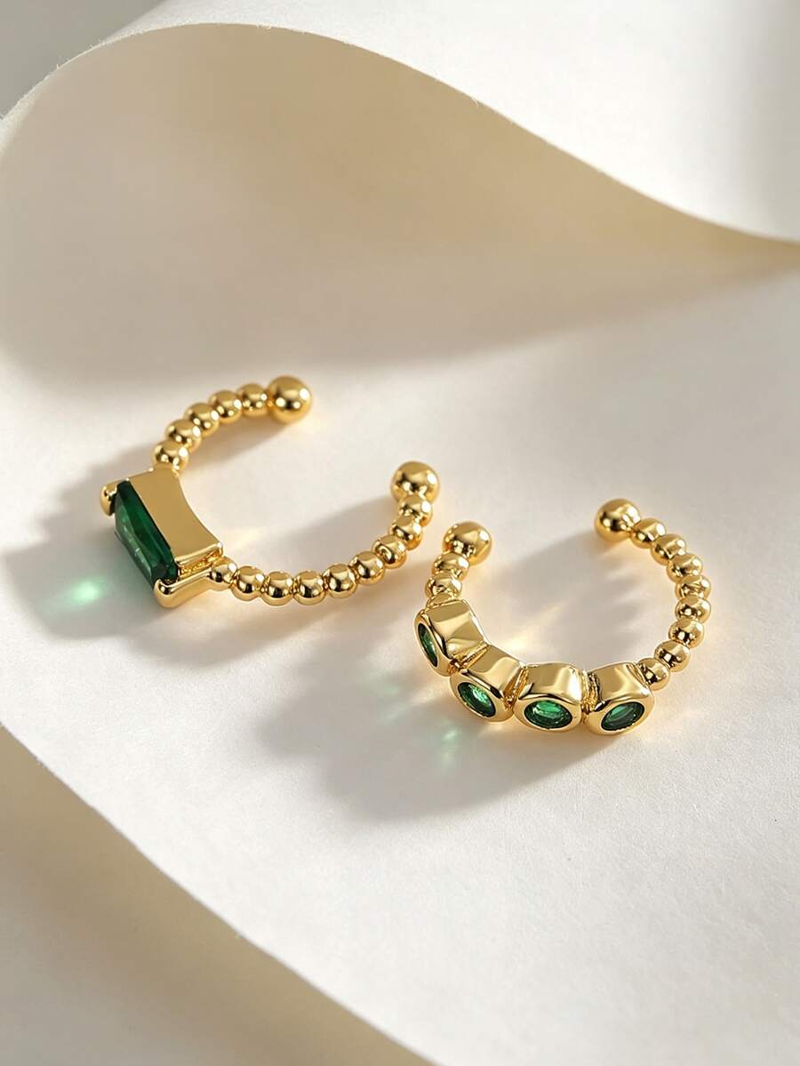 Anting Jepit Telinga Tembaga Berlapis Emas 18K dengan Batu Zamrud dan CZ, Anting Jepit Telinga Manik-Manik Tanpa Tindik, Perhiasan Telinga Vintage yang Dapat Ditumpuk untuk Wanita, Pesta Sehari-hari - Emas - View 1