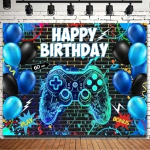 1件遊戲主題生日背景布，完美適用於遊戲生日慶祝，適合節日派對、居家裝飾與攝影棚道具 - A - 查看 6