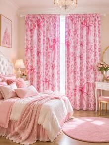 2 Panels Pink Bow Leopard Print Rod Pocket Curtains, Polyester Semi Sheer Light Filtering Privacy Window Drapes, Sweet Princess Style Girls Bedroom Home Decor Curtains - Multicolor 2 - View 8