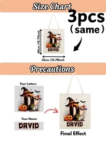 Personalized Halloween Candy Tote Bag, Customizable Name Pumpkin Ghost Witch Printed Tote Bag, Customized Commemorative Gifts For Family And Friends - Multicolor - View 10