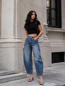 Celana Panjang Wanita Model Longgar Klasik Vintage Biru Model Bucket dengan Kaki Melengkung, Potongan Pendek, Serbaguna untuk Perjalanan Sehari-hari dan Gaya Kasual Musim Gugur - Biru - View 8