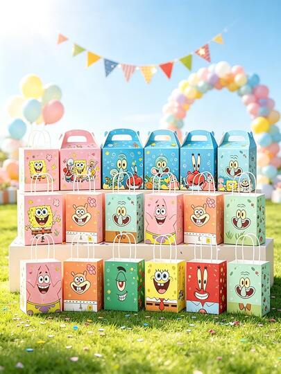 SpongeBob SquarePants 3/6/12pcs Party Gift Candy Paper Bags With Handles, Best Holiday Party Atmosphere Decoration, Suitable For Best Friends, Perfect Party Decoration, Home Decor, Perfect Room Decoration, Christmas Gift, Graduation Gift For Girlfriend, Valentine's Day