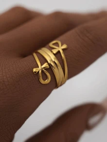 1pc Bow Cross Oil-Pressed Ring For Women - Gold - View 4