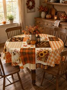 Autumn Pumpkin Sunflower Patchwork Print Tablecloth, Fall Home Decor, Thanksgiving Tablecloth, Rustic Farmhouse Style Tabletop Decoration, Vintage Plaid Leaf Wheat Pattern Tablecloth, Kitchen Dining Room Holiday Party Protective Decorative Table Mat - Multicolor - View 7