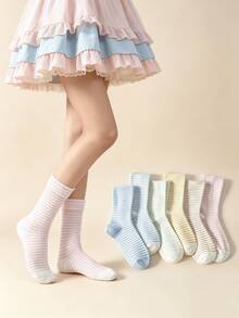 1/6 Pairs Fresh Macaron Color Thin Striped Minimalist Contrast Color Versatile Comfortable Mid-Calf Socks - Multicolor - View 11