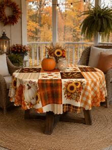 Autumn Pumpkin Sunflower Patchwork Print Tablecloth, Fall Home Decor, Thanksgiving Tablecloth, Rustic Farmhouse Style Tabletop Decoration, Vintage Plaid Leaf Wheat Pattern Tablecloth, Kitchen Dining Room Holiday Party Protective Decorative Table Mat - Multicolor - View 9