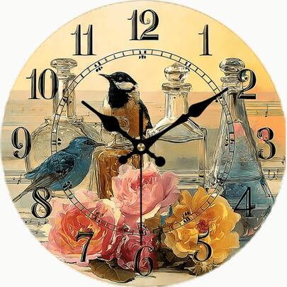 2D Flat. 1pc, Retro Wooden Wall Clock, Bird And Flower Decoration Clock, Essential Silent Round Clock For Home Decoration, Perfect Decoration For Bedroom, Living Room, Office, Kitchen And Bathroom, 12 Inches (Excluding AA Batteries)