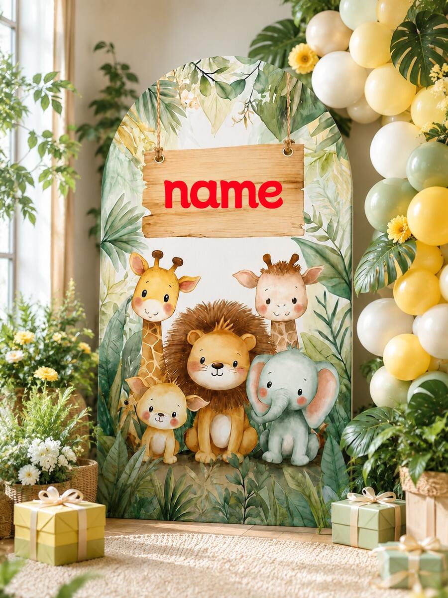Customizable Multi-Size Jungle Animal Square Birthday Backdrop Arch Stand, Personalized Name And Text, Fresh Green Leaf Cartoon Animal Pattern, Suitable For Baby Boy First Birthday Party, Little Boy Theme Birthday Party Decoration, Floor-Standing Arch Stand Easy To Install, Can Be Used In Home Yard, Hotel Indoor Scenes, Soft Visuals For Great Photos, Creating A Cute And Healing Jungle Theme Birthday Atmosphere - Multicolor - View 1