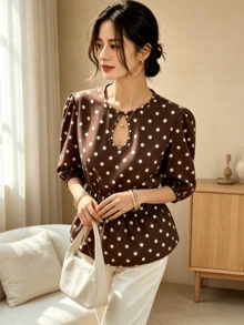 YUXIN 女款波點挖空領短花瓣袖優雅襯衫 - 咖啡棕 - 查看 2