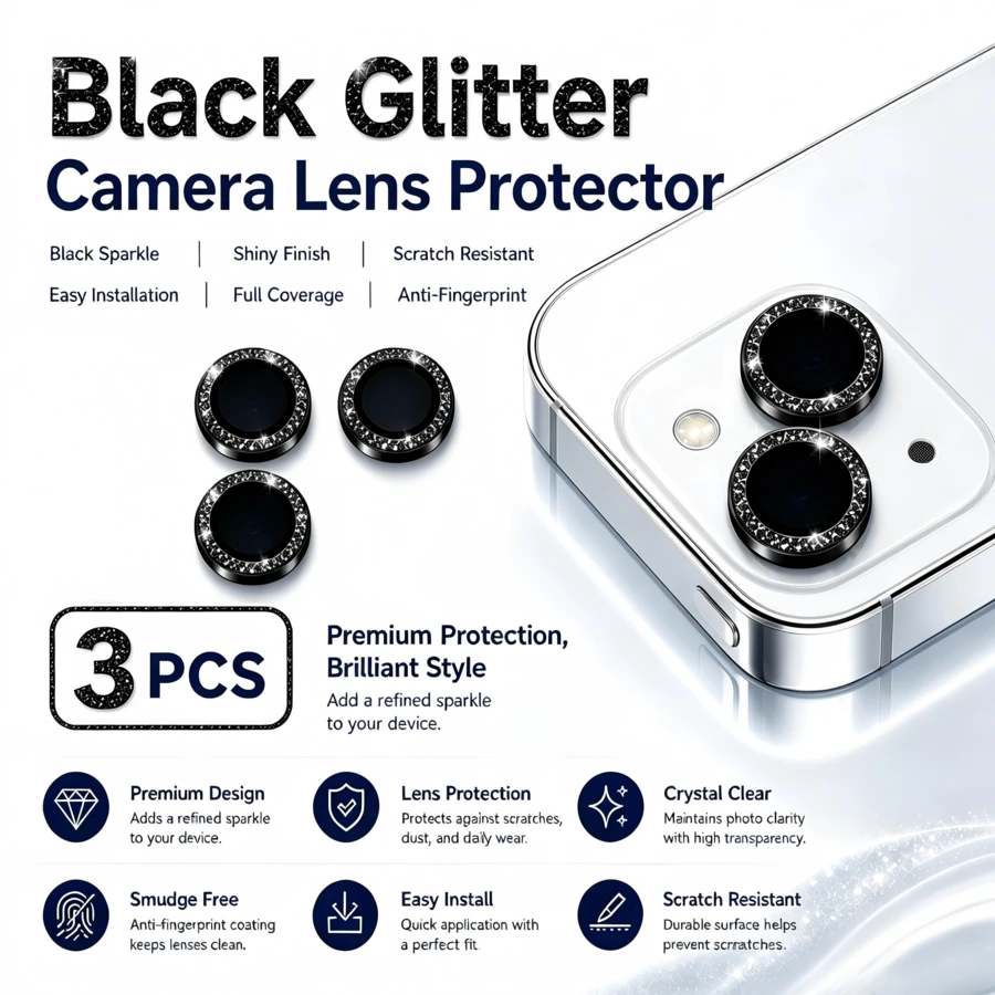 1 Set (3pcs) Glitter Black Camera Lens Protector Film For IPhone 17/16/15/14/13/12/11 Pro Max, [Anti-Drop][Compatible With Phone Case][Easy Installation] Camera Screen Protector Film Accessory- - Black - View 1
