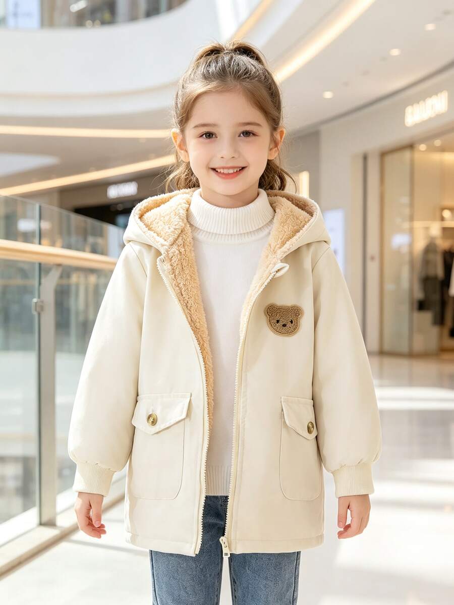 Young Girl Autumn/Winter Fashion Comfortable Fabric Patchwork Soft Thermal Lining, Exquisite Bear Embroidery Decoration, Hooded Zipper Raglan Sleeve With Real Pockets Thermal-Lined College Style Jacket - Champagne - View 1