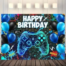 1件遊戲主題生日背景布，完美適用於遊戲生日慶祝，適合節日派對、居家裝飾與攝影棚道具 - A - 查看 7