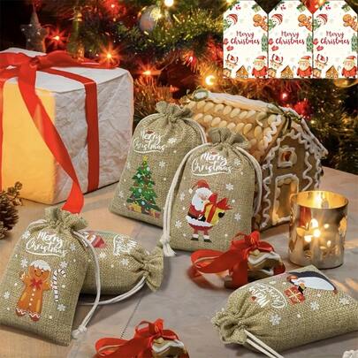 56/62/74pcs Christmas Gift Drawstring Burlap Bags(With Tags), Candy Snack Storage Packaging Bags, Gift Bags, Party Holiday Decoration Drawstring Pouches, Small Cloth Bags With Santa Claus, Christmas Tree, Snowman, Reindeer Designs