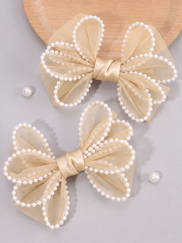 2 Pcs Champagne Gold Pearl Bow Hair Clips,Elegant Mesh Tulle Bow Clips,Satin Center French Barrette Hair Accessories For Women Girls Party Daily Wear