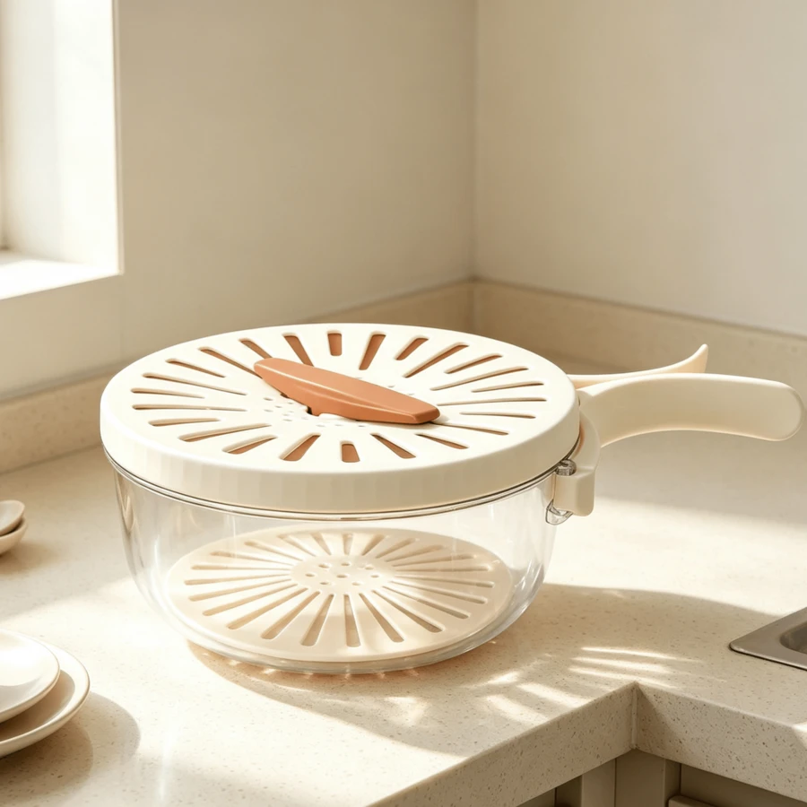 Multifunctional Washing Basin With Strainer And Drain, 2-In-1 Design, Featuring A Foldable Handle And Lid-A Practical Plastic Basket For Washing Fruits And Vegetables In The Kitchen Or On Picnics - 16 X 8.5 cm - View 1