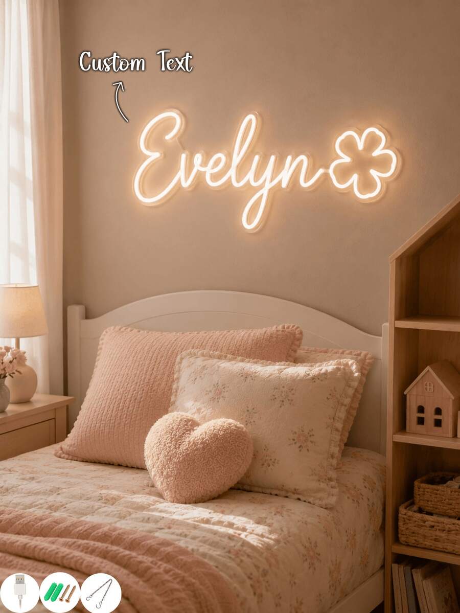 Custom Warm Color Name Neon Light With Five-Petal Flower, LED Sign, Girl's Bedroom Wall Decor, USB Powered, Suitable For Nursery And Birthday Gift - Multicolor 2 - View 1